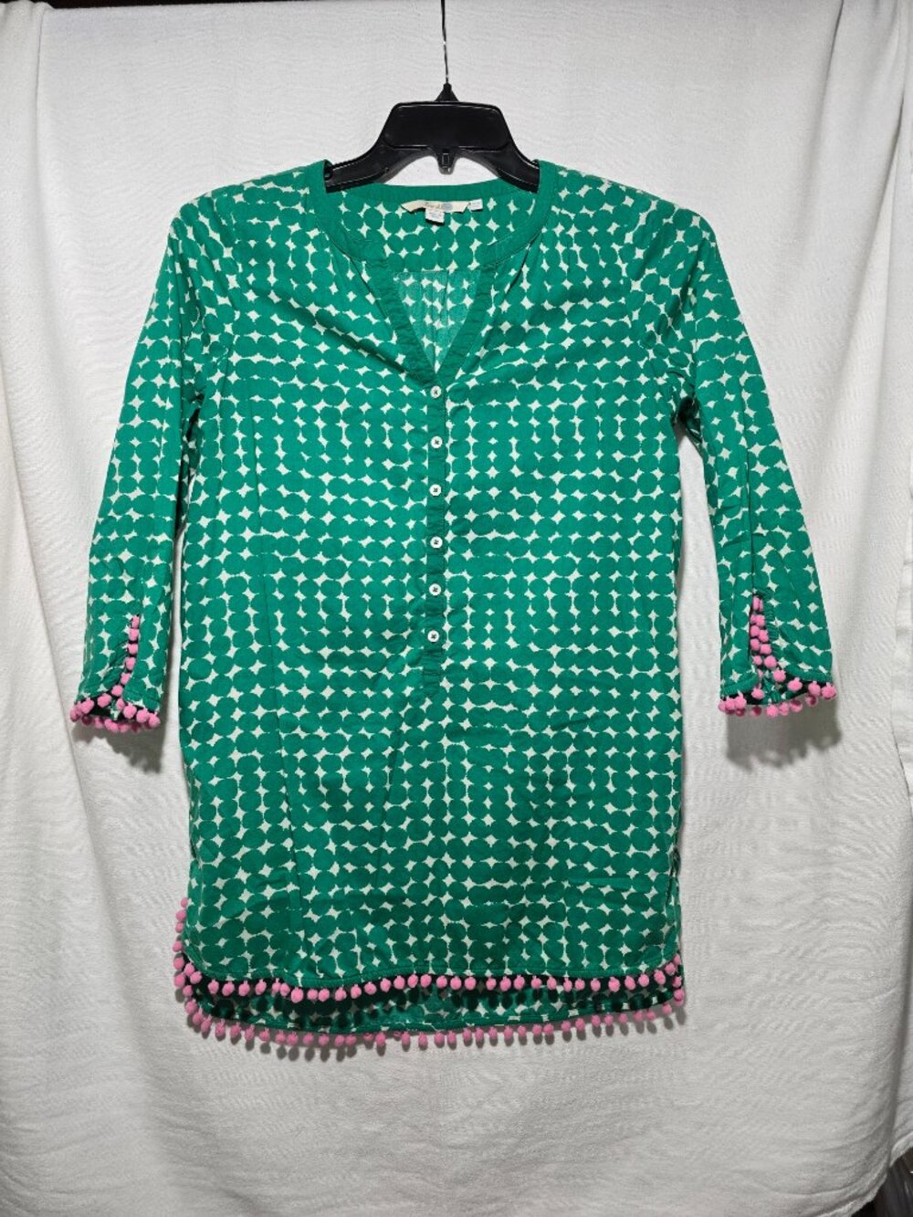 Boden Green Geometric Pom Pom Beach Tunic Swim Cover-Up UK 10 US 6 Cotton GUC